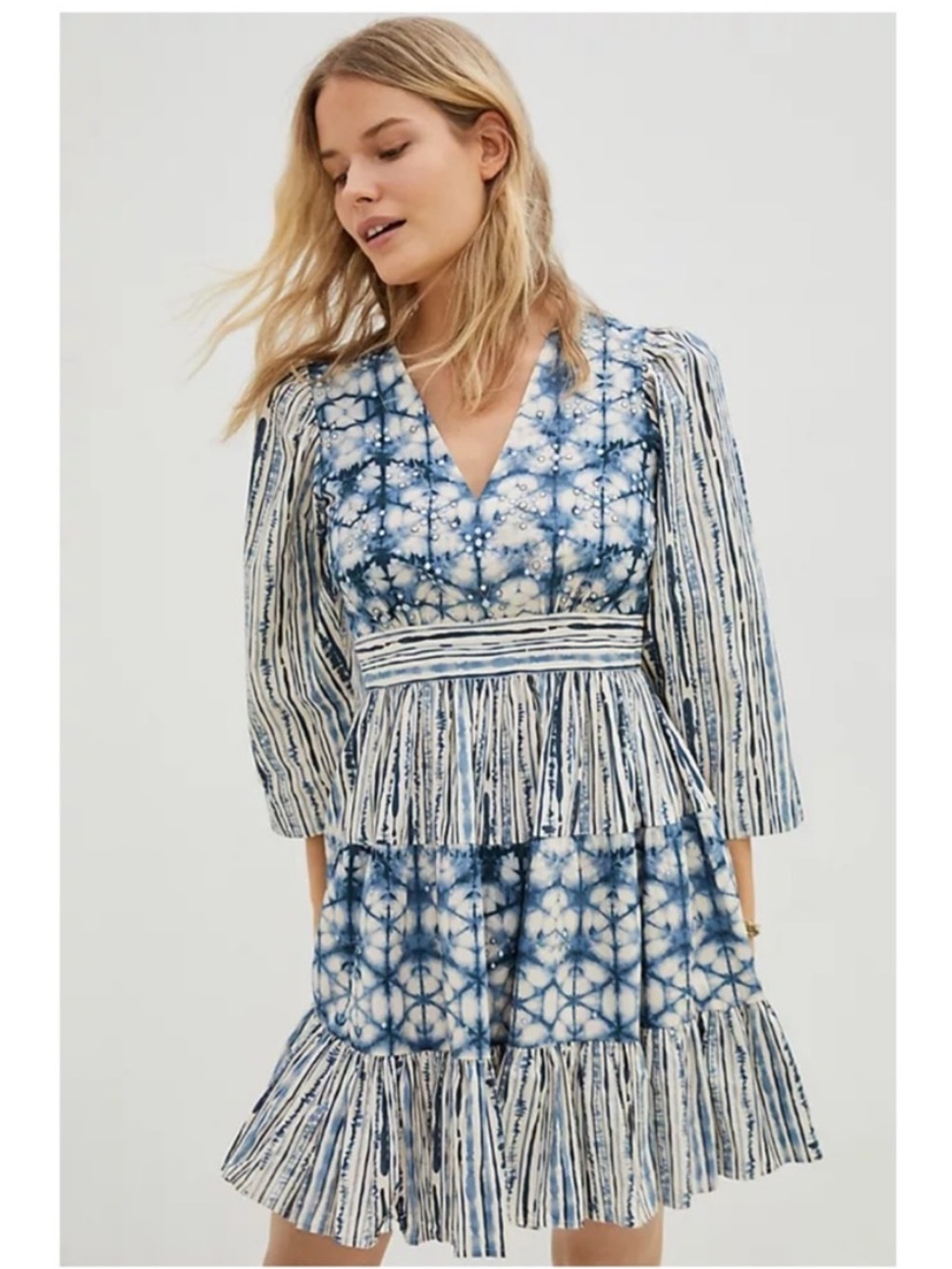 Anthropologie Not So Serious Blue Tie Dye Embroidered Mini Ruffled Dress Size S